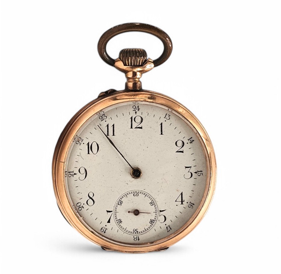 Orologio da taschino in oro a carica manuale, cassa a basso titolo, quadrante bianco
