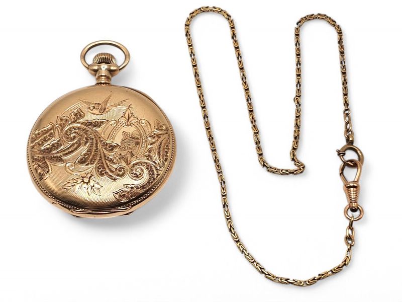 Orologio da tasca in oro giallo 14k, Waltham, movimento a carica manuale