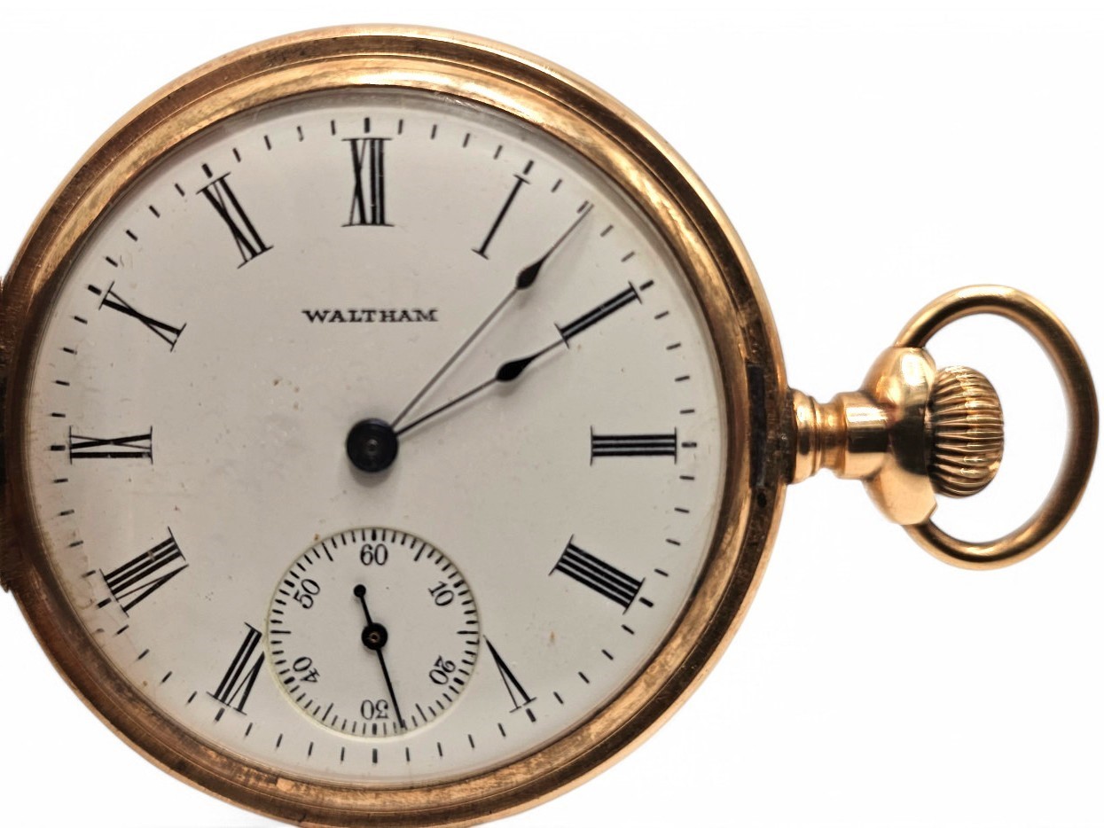 Orologio da tasca in oro giallo 14k, Waltham, movimento a carica manuale