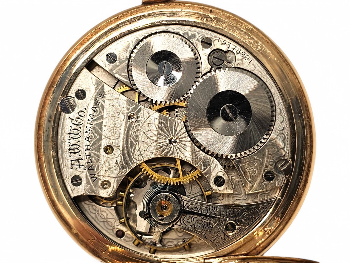 Orologio da tasca in oro giallo 14k, Waltham, movimento a carica manuale