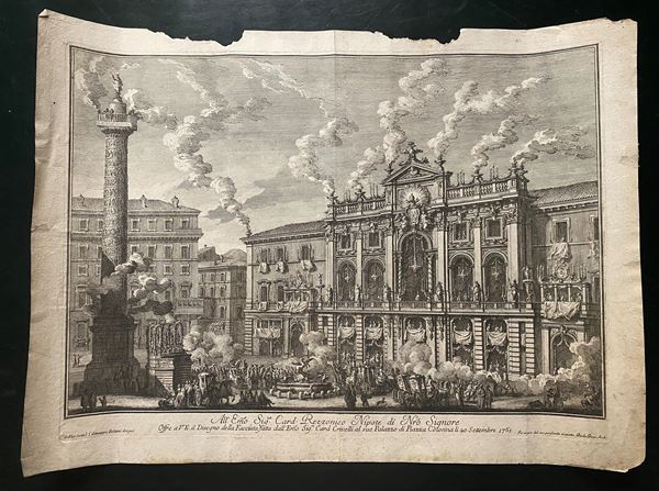 Giuseppe Vasi - All'Emo Sig.re Card. Rezzonico nipote di N.ro Signore/ Offre a V. E. il disegno della facciata fatta dall'Em.o Sig.re Card. Crivelli al suo Palazzo di Piazza Colonna lì 20 settembre 1761