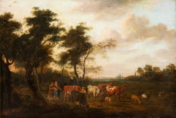 Artista olandese, XVII secolo - Landscape with shepherds and herds