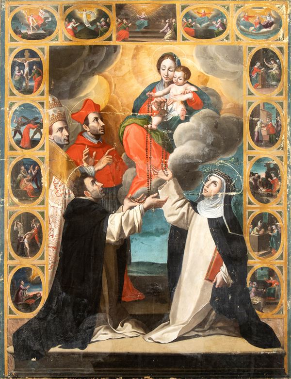 Artista centro-italiano, prima met&#224; XVII secolo - Saint Dominic and Saint Rosalie receive the Rosary from the Madonna and Child (Madonna of the Rosary)