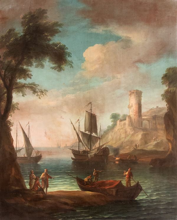 Artista attivo a Roma, XVIII secolo - View of harbour with boats and figures