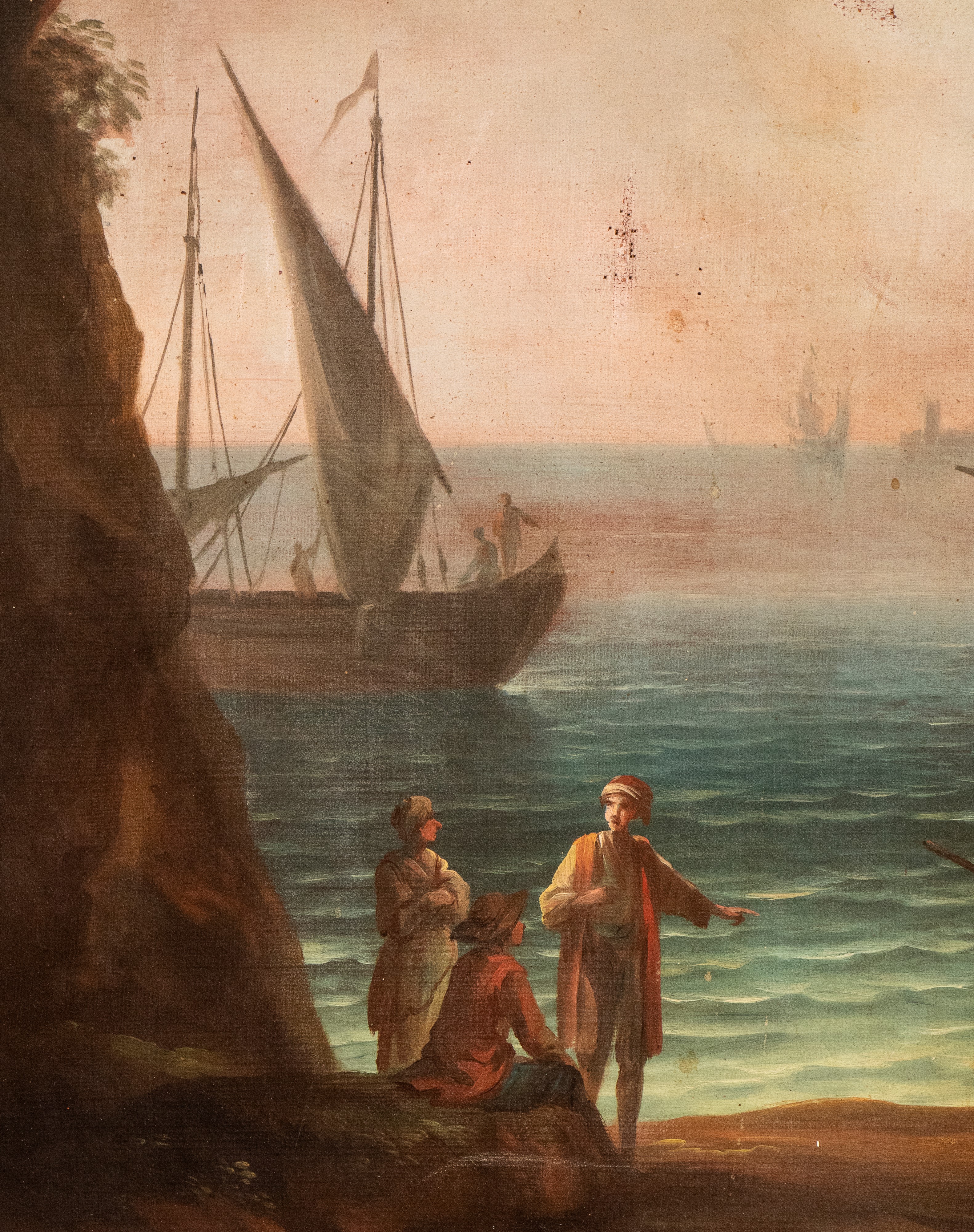 Artista Attivo a Roma, XVIII Secolo - Veduta di Porto con Imbarcazioni e Figure