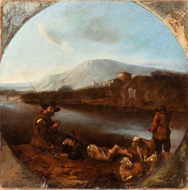Bambocciante attivo a Roma, XVII secolo - Shepherds resting by a stream
