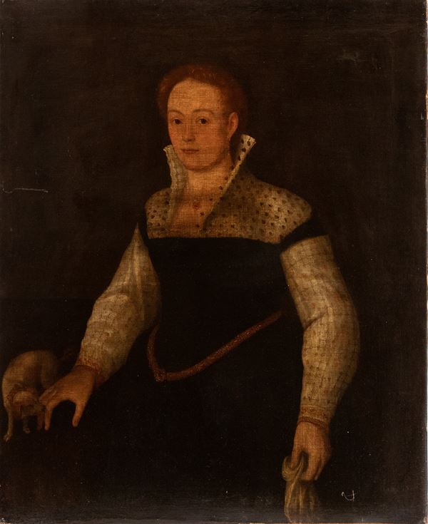 Artista veneziano, XVI - XVII secolo - Portrait of a lady with small dog