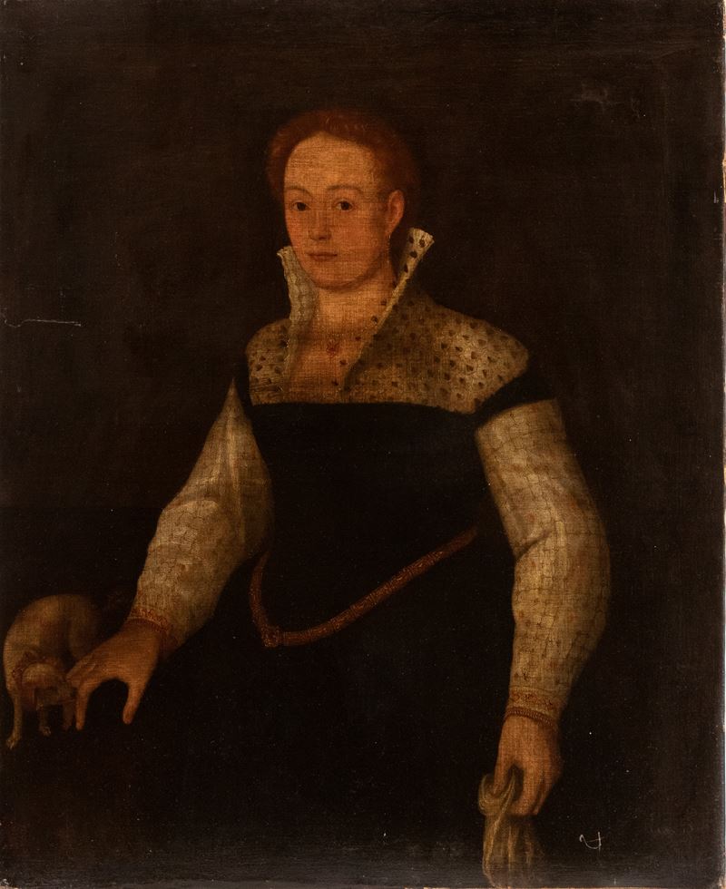 Artista Veneziano, XVI - XVII Secolo - Ritratto di Gentildonna con Cagnolino