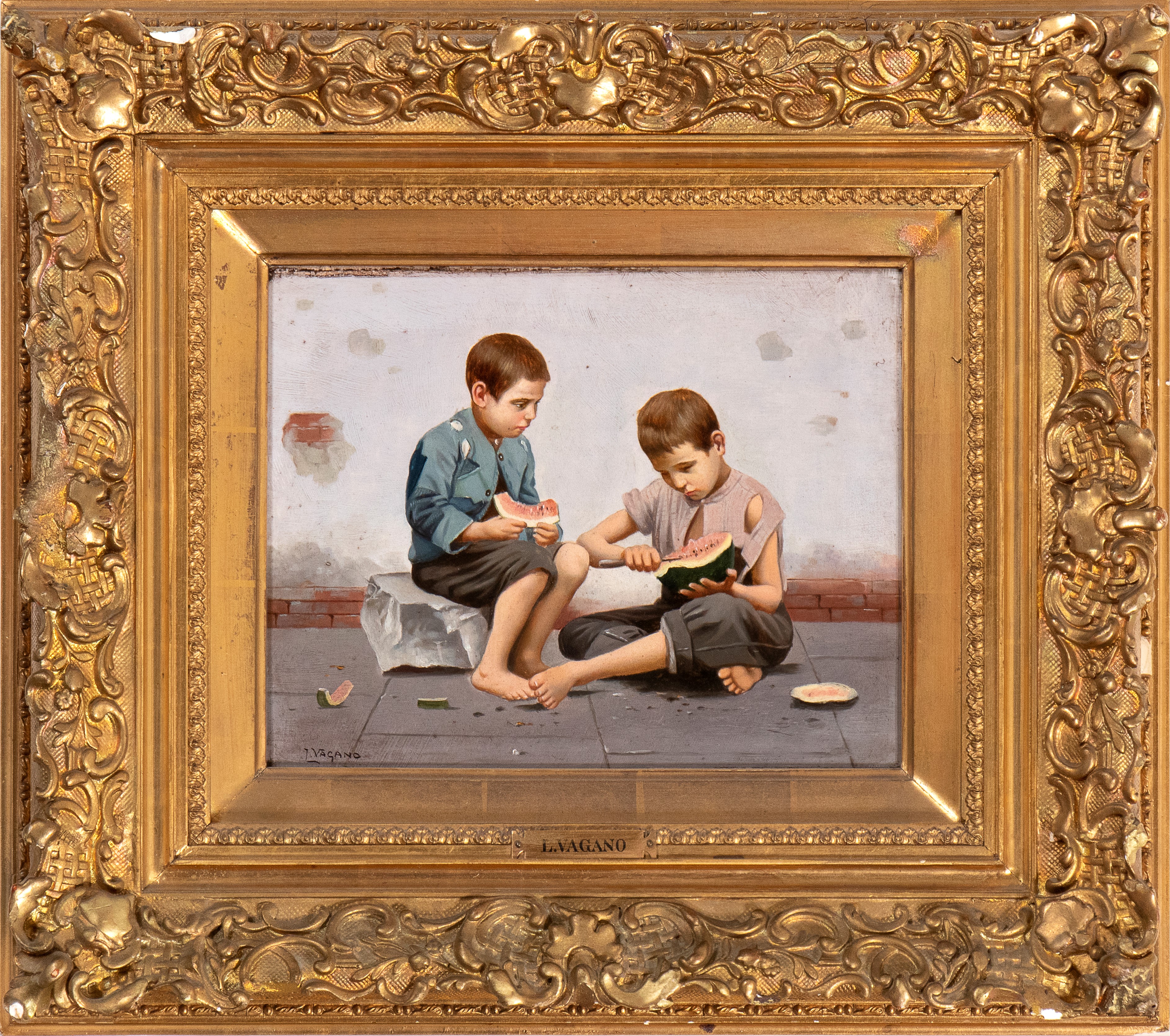 Lotto di due quadri raffiguranti coppie di bambini