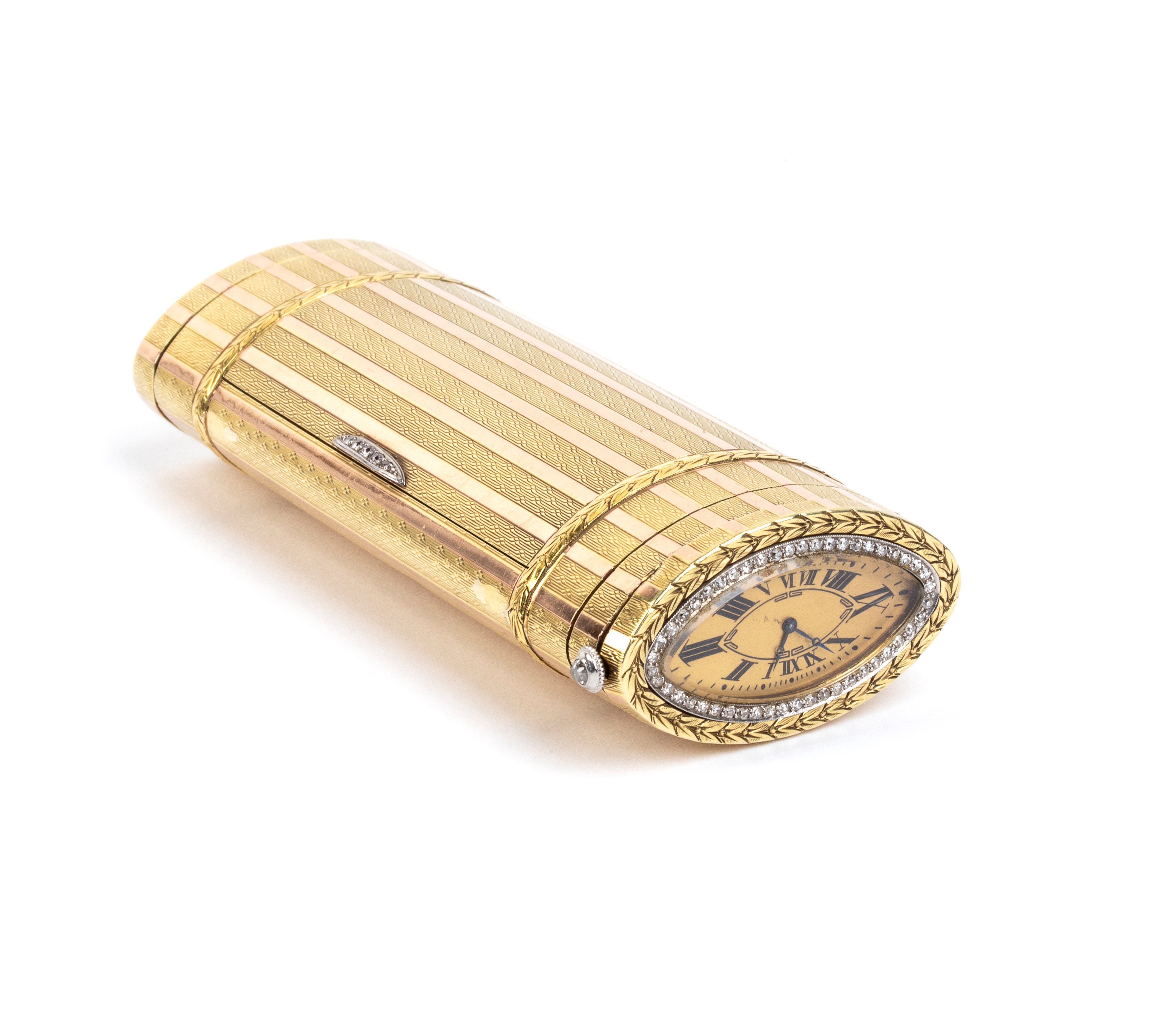 Tabacchiera con orologio in oro e diamanti
