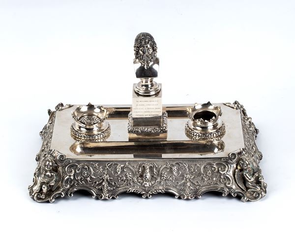 GIUSEPPE GIOVARA - Italian silver inkwell with dedication to Alessandro Riberi