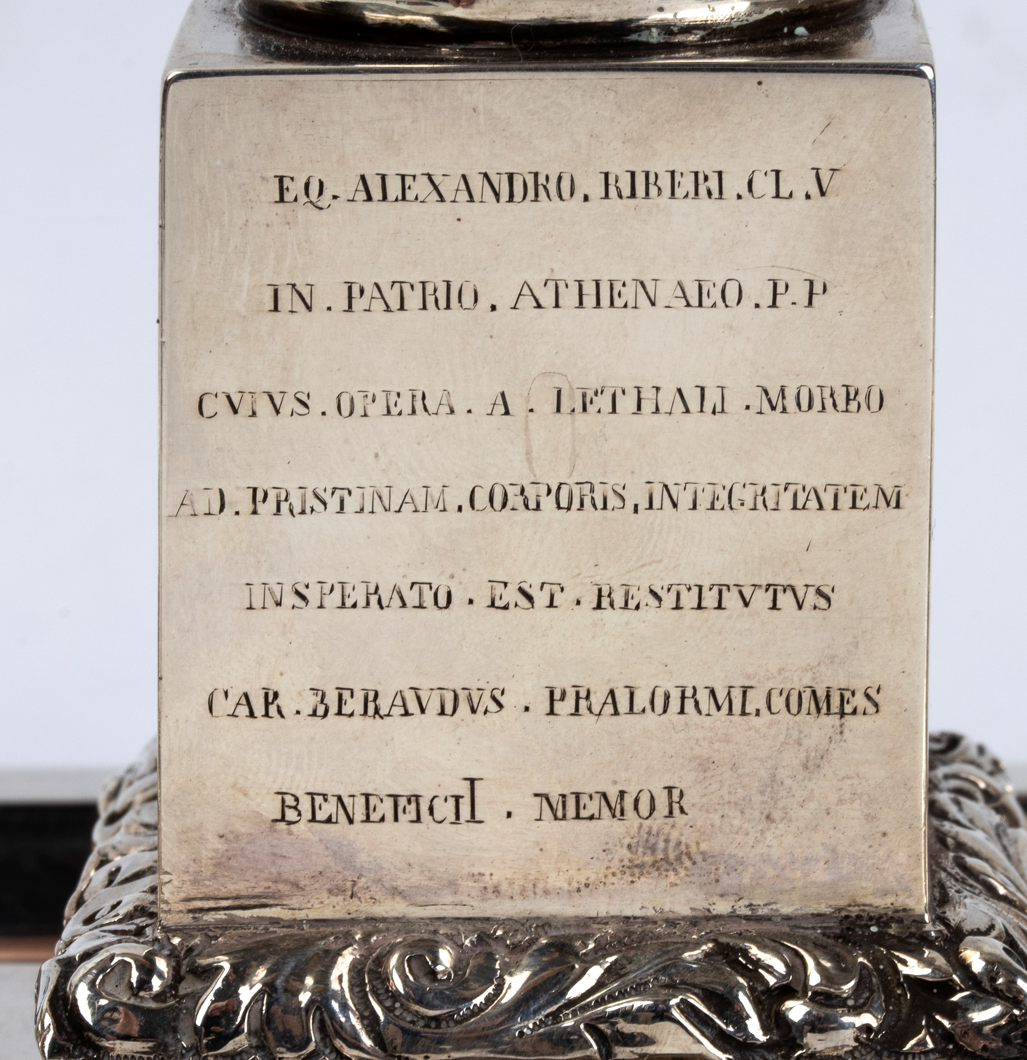 Calamaio italiano in argento con dedica ad Alessandro Riberi