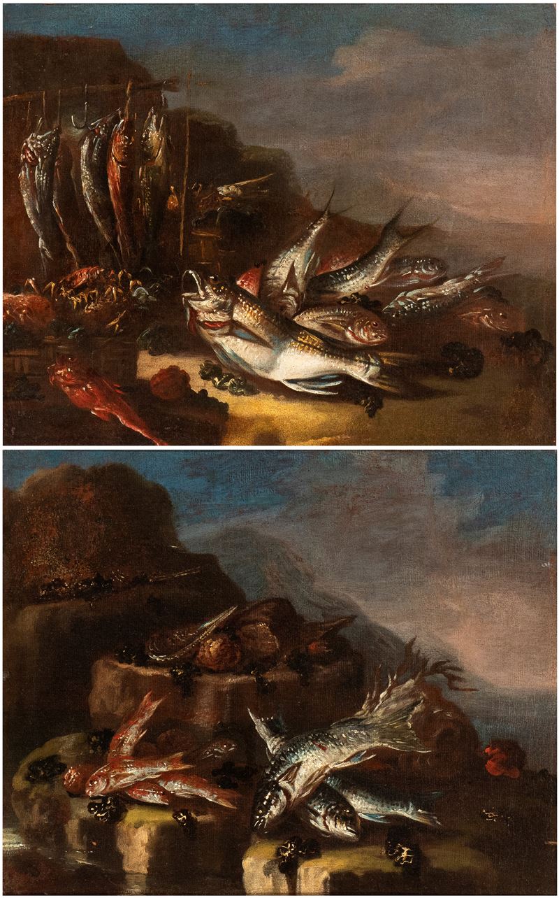Elena Recco - A) Natura Morta con Pesci e Crostacei; B) Natura Morta di Pesci e Conchiglie. Coppi...