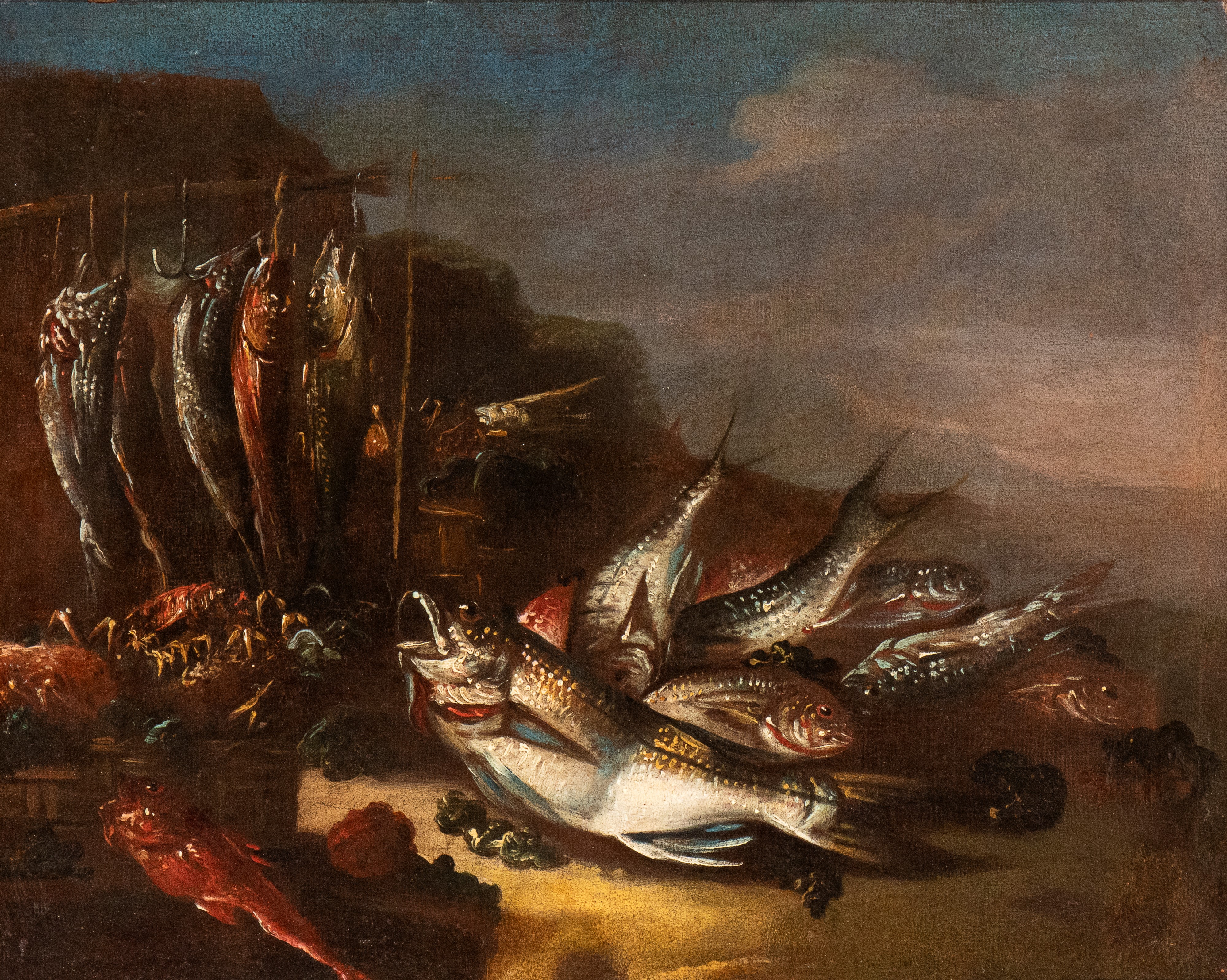 a) Natura morta con pesci e crostacei; b) Natura morta di pesci e conchiglie. Coppia di dipinti