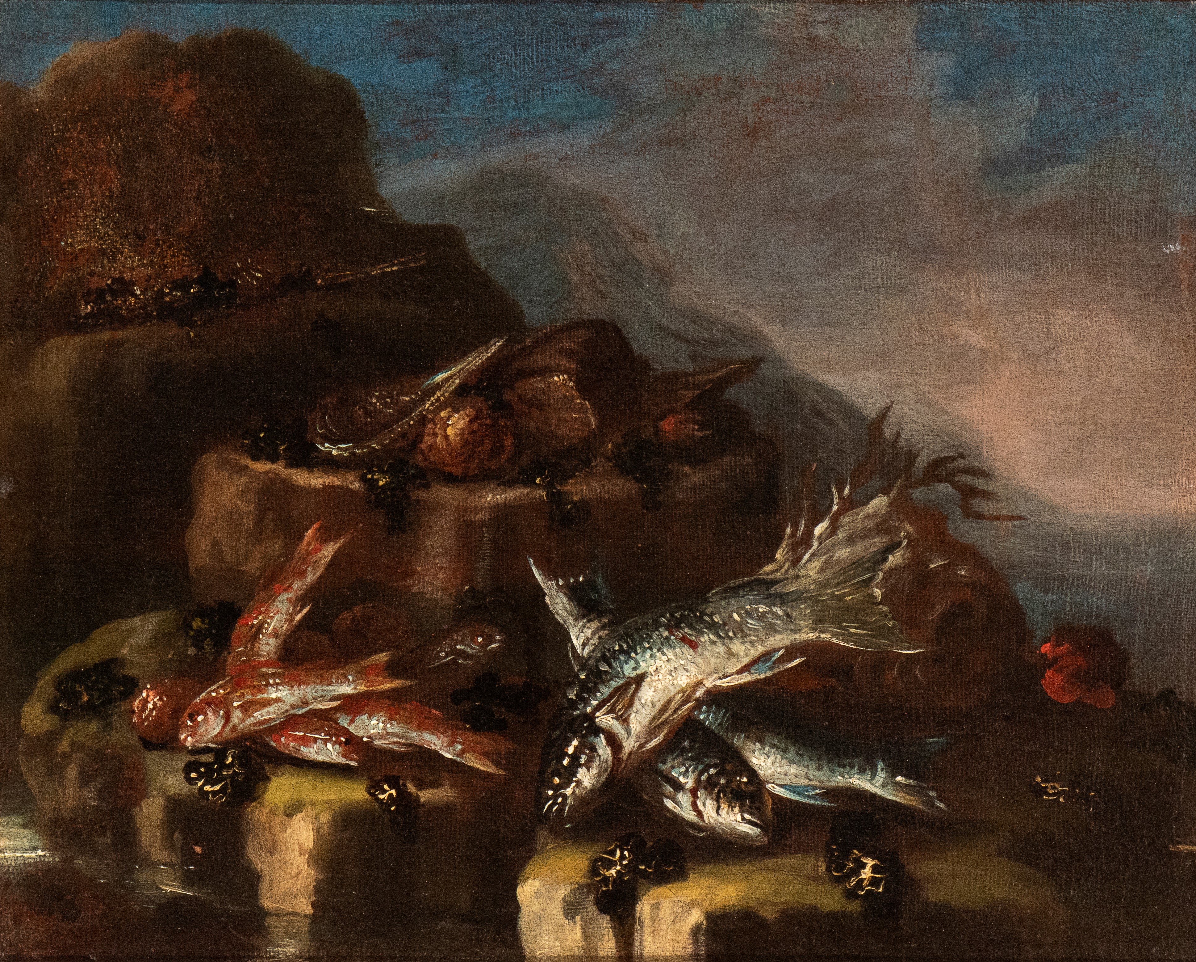 a) Natura morta con pesci e crostacei; b) Natura morta di pesci e conchiglie. Coppia di dipinti