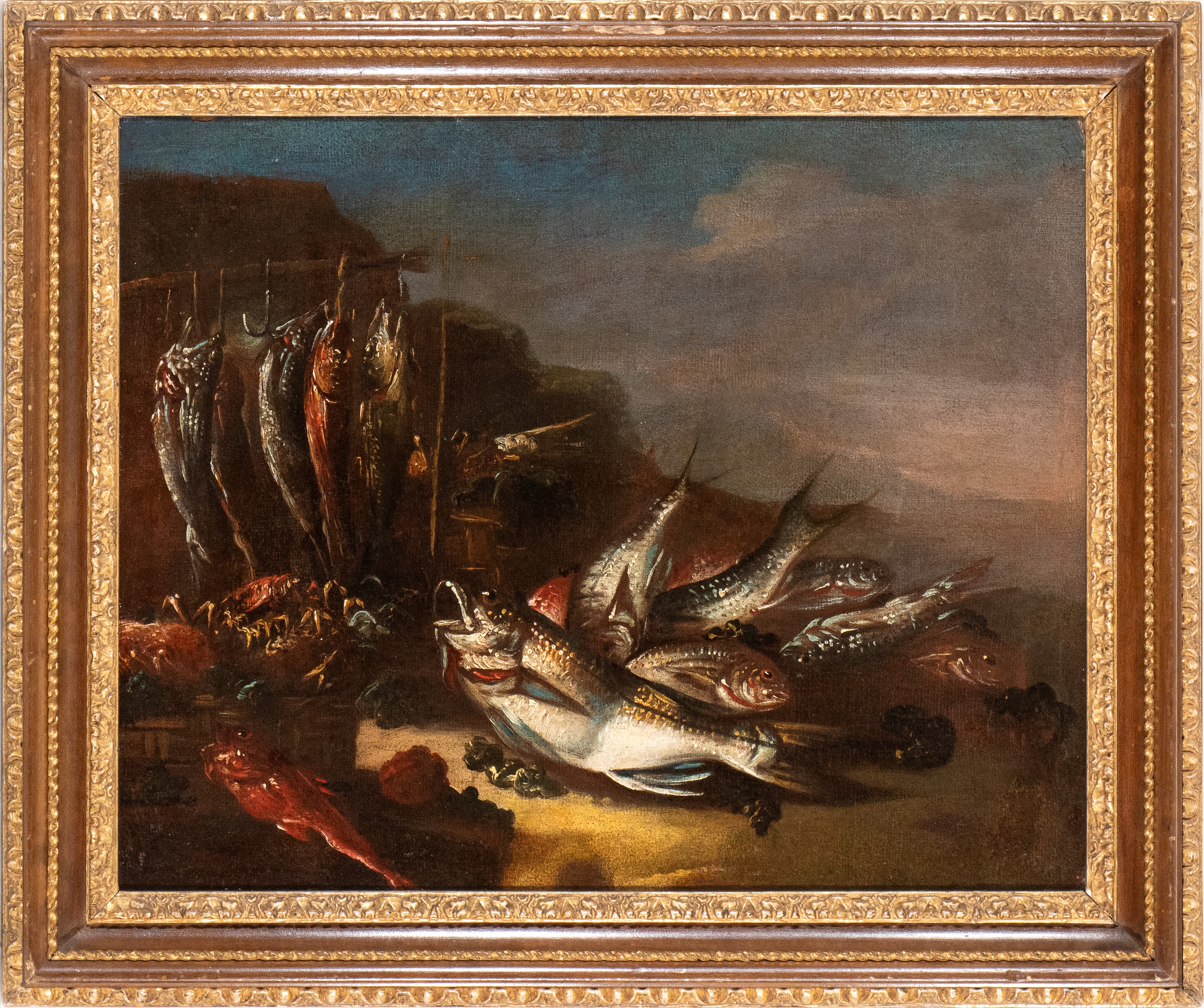 a) Natura morta con pesci e crostacei; b) Natura morta di pesci e conchiglie. Coppia di dipinti