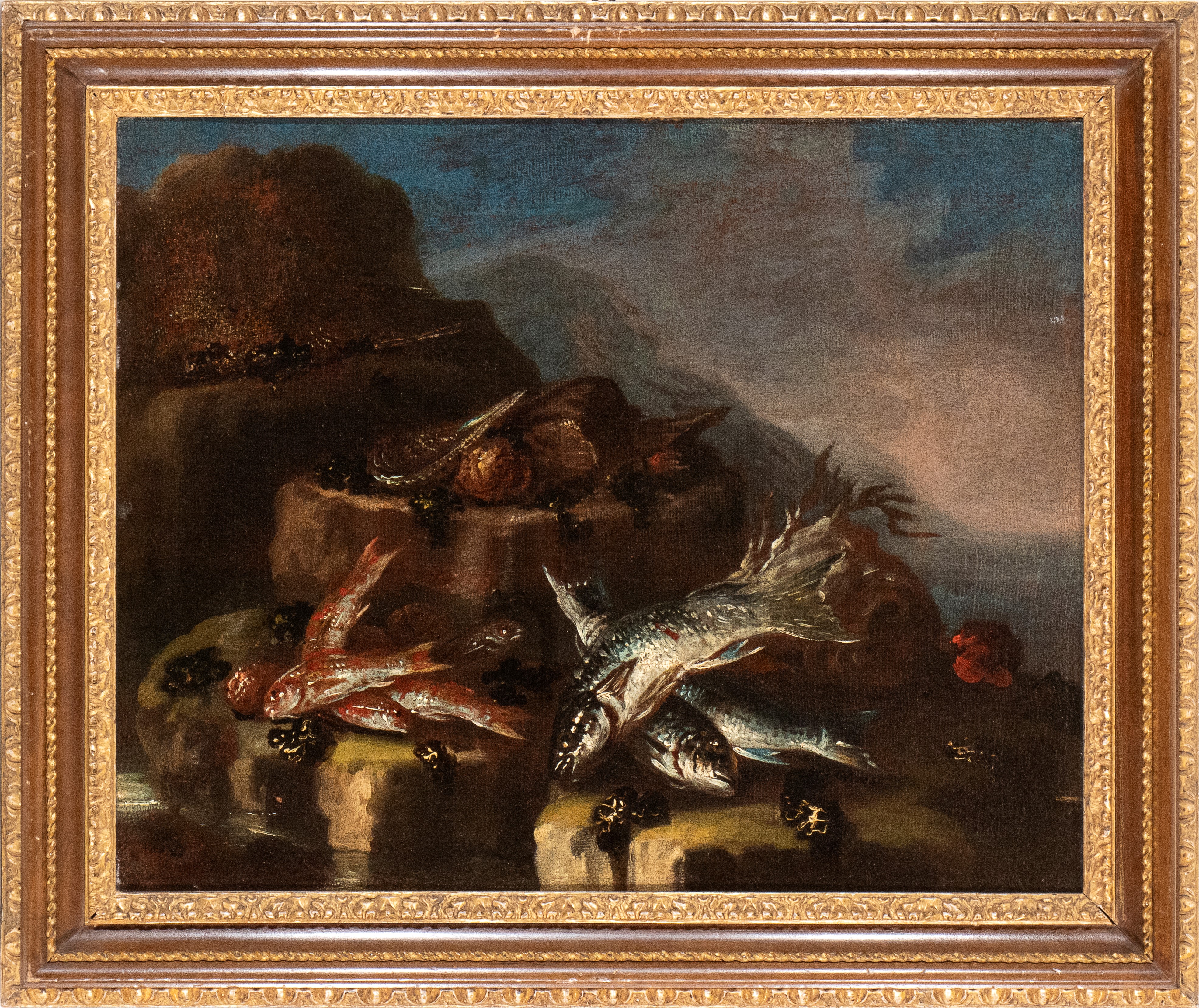 a) Natura morta con pesci e crostacei; b) Natura morta di pesci e conchiglie. Coppia di dipinti