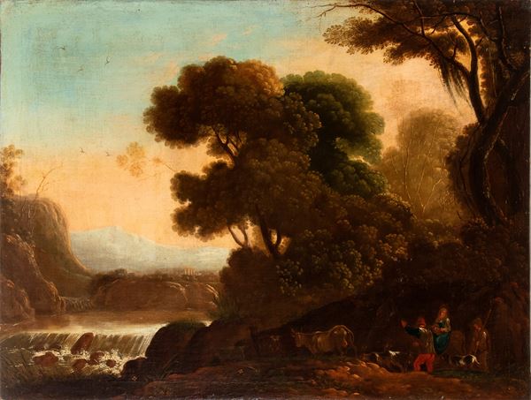 Artista attivo a Roma, XVII secolo - Landscape with shepherds and herds