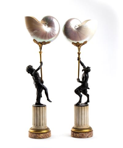 Coppia di sculture neoclassiche con Nautilus, bronzo patinato scuro e bronzo dorato