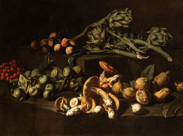 Angelo Maria Rossi gi&#224; Pseudo Fardella - Still life with mushrooms, artichokes and fruit