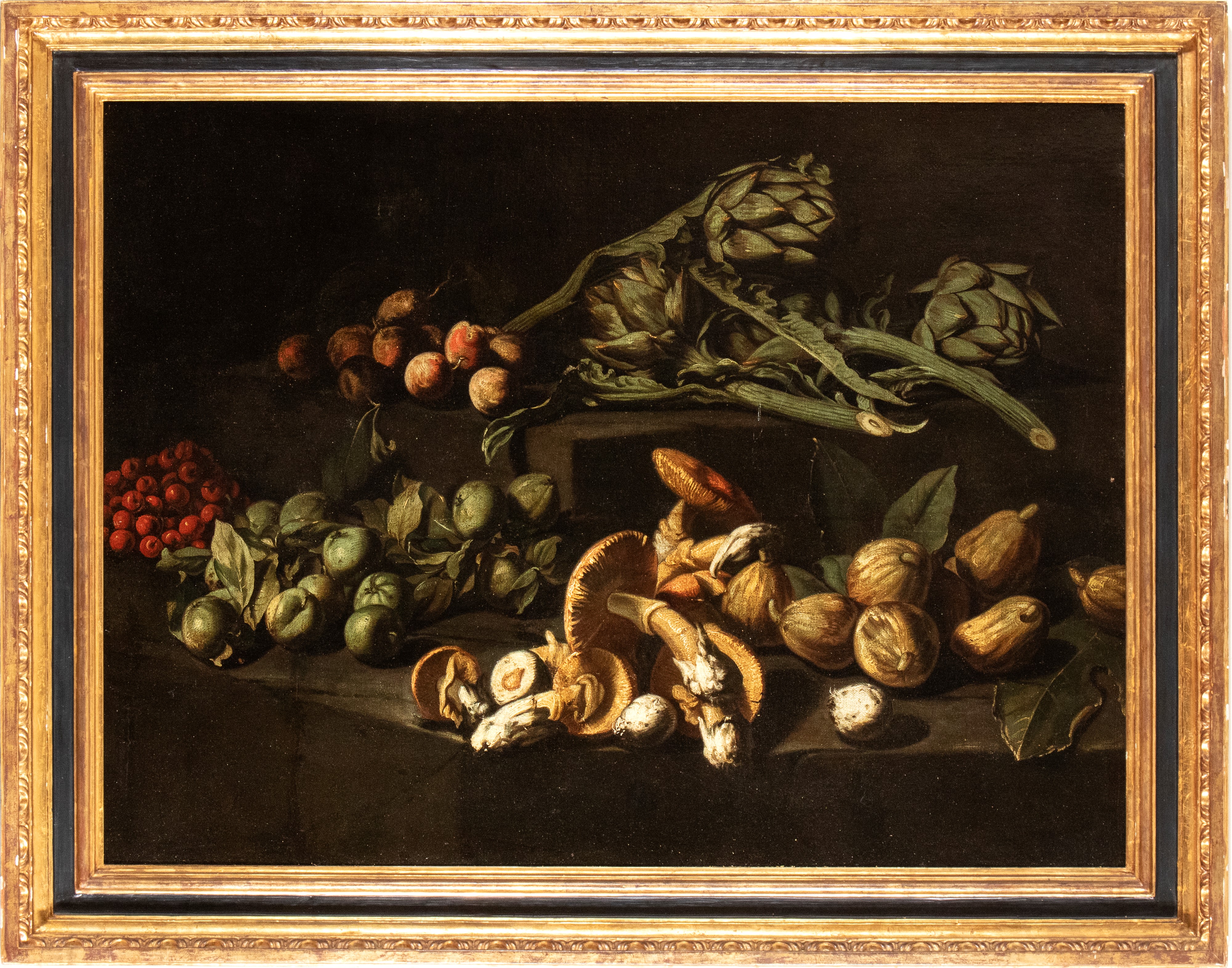 Natura morta con funghi, carciofi e frutti