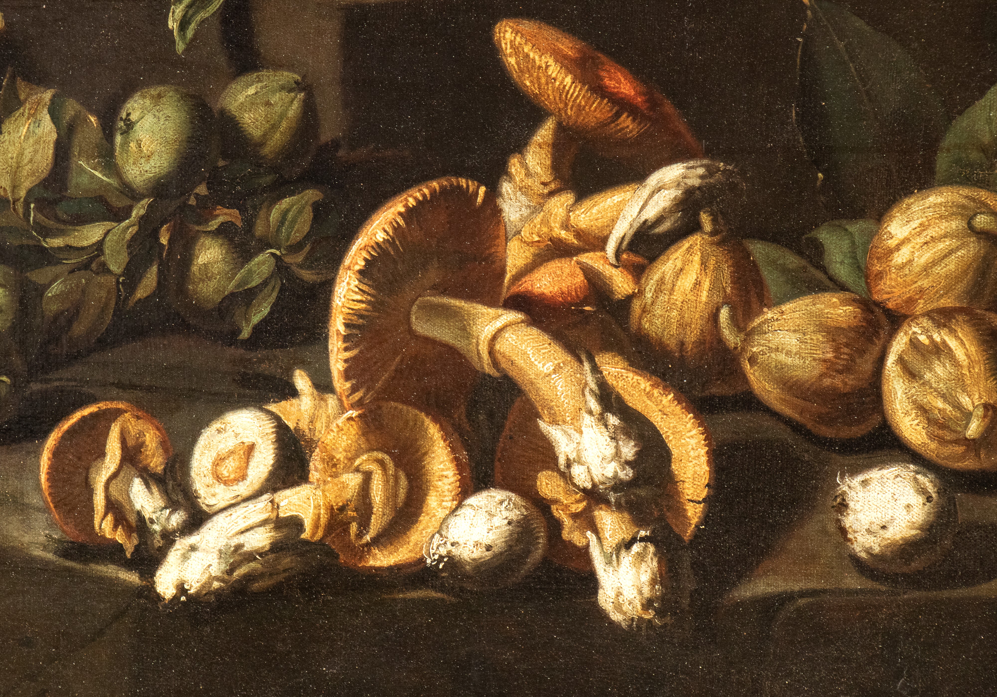 Natura morta con funghi, carciofi e frutti