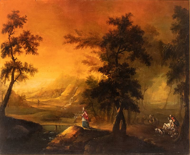 Artista Fiammingo Attivo in Veneto, XVII Secolo - Paesaggio con la Parabola del Buon Samaritano