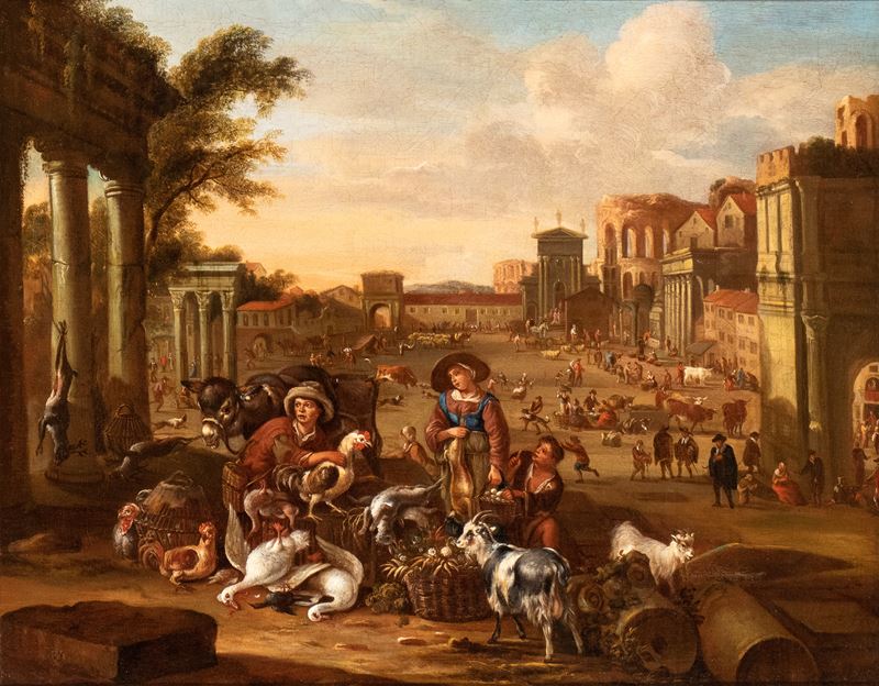 Michiel Carree - Veduta di Campo Vaccino con Scena di Mercato