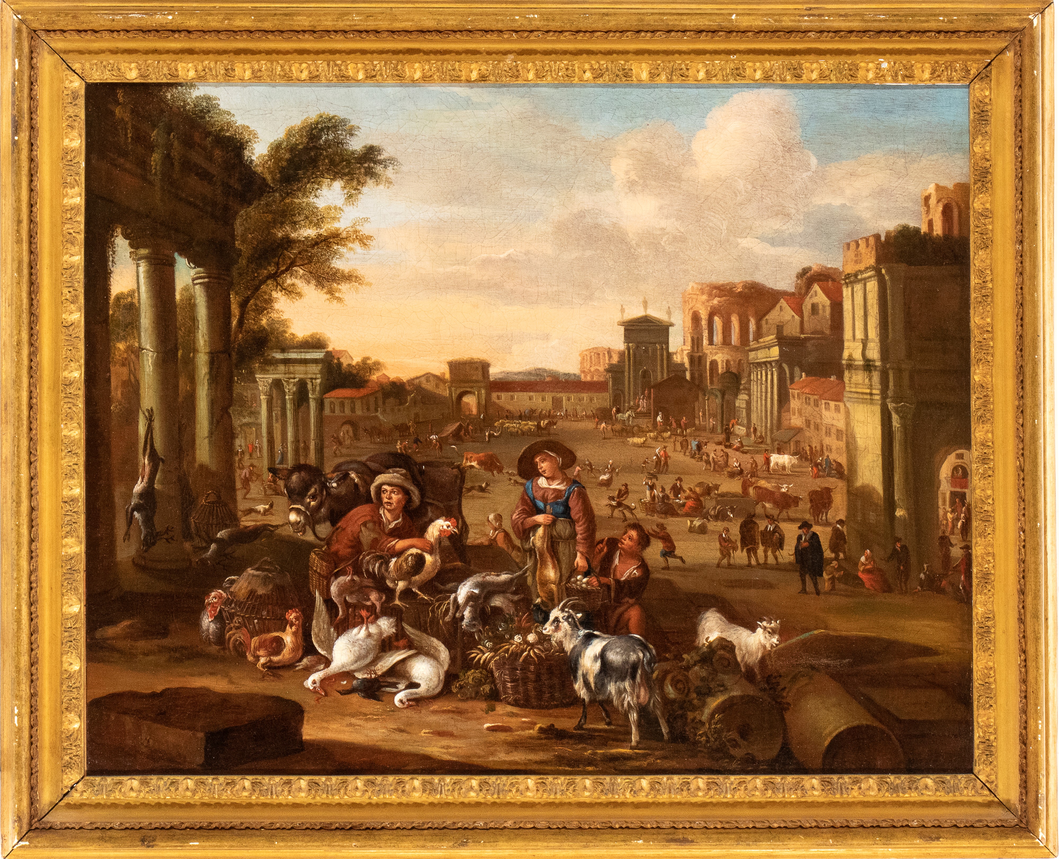 Veduta di Campo Vaccino con scena di mercato