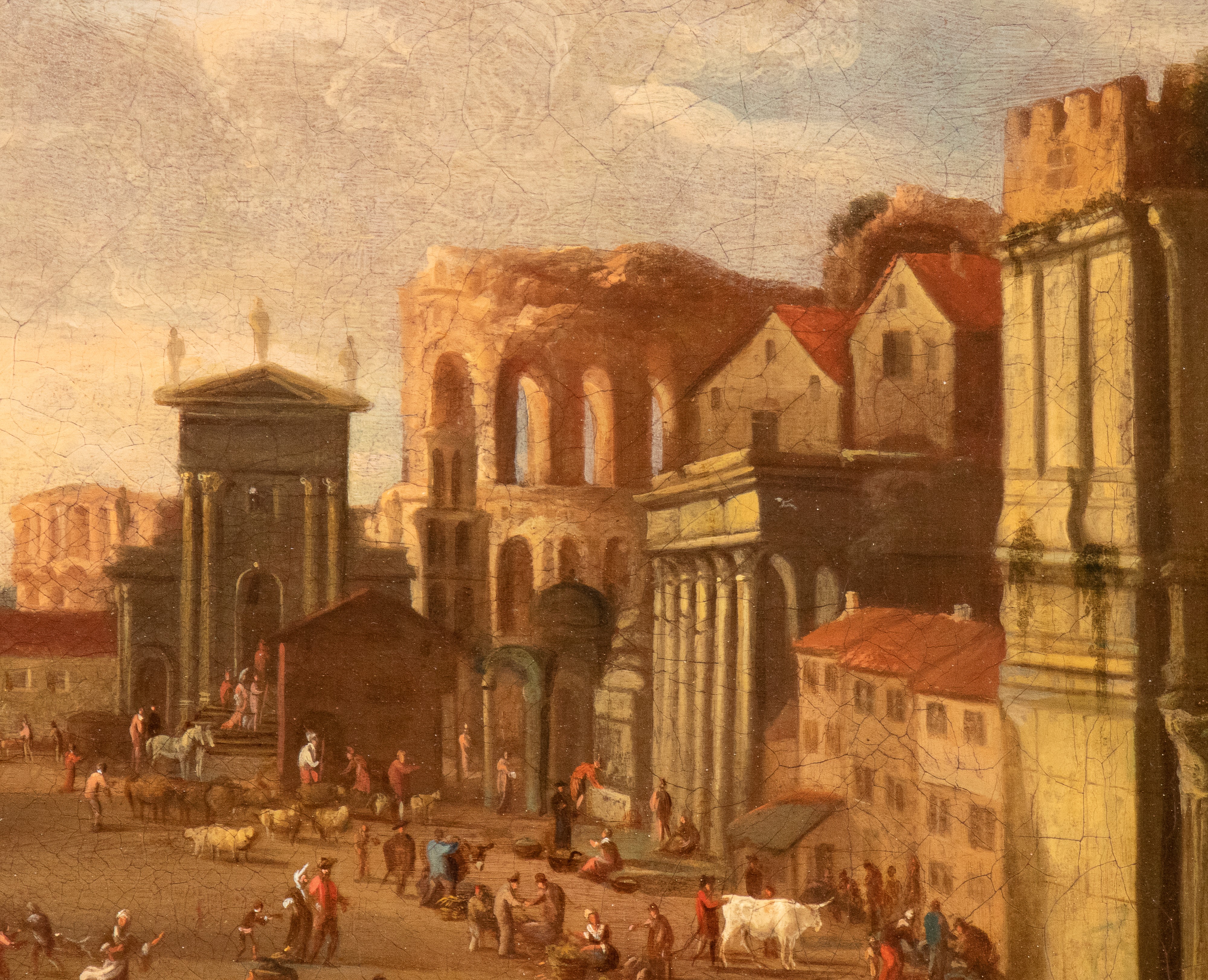 Veduta di Campo Vaccino con scena di mercato