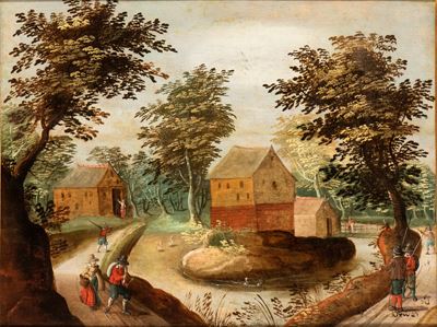 Paesaggio con Specchio D'acqua, Caseggiato e Viandanti