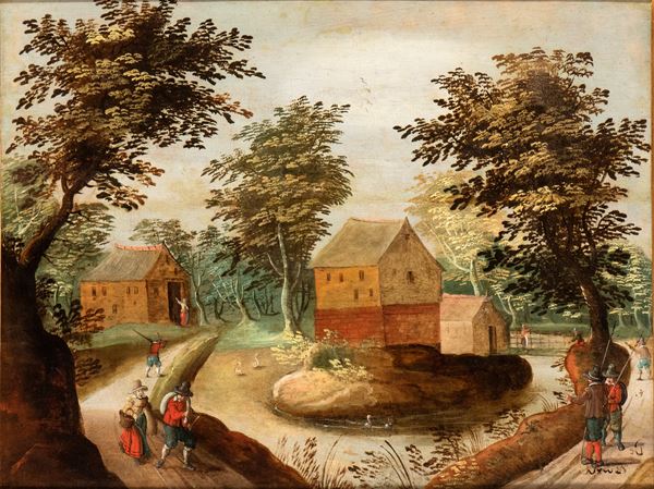 Artista fiammingo, XVII secolo - Paesaggio con specchio d'acqua, caseggiato e viandanti
