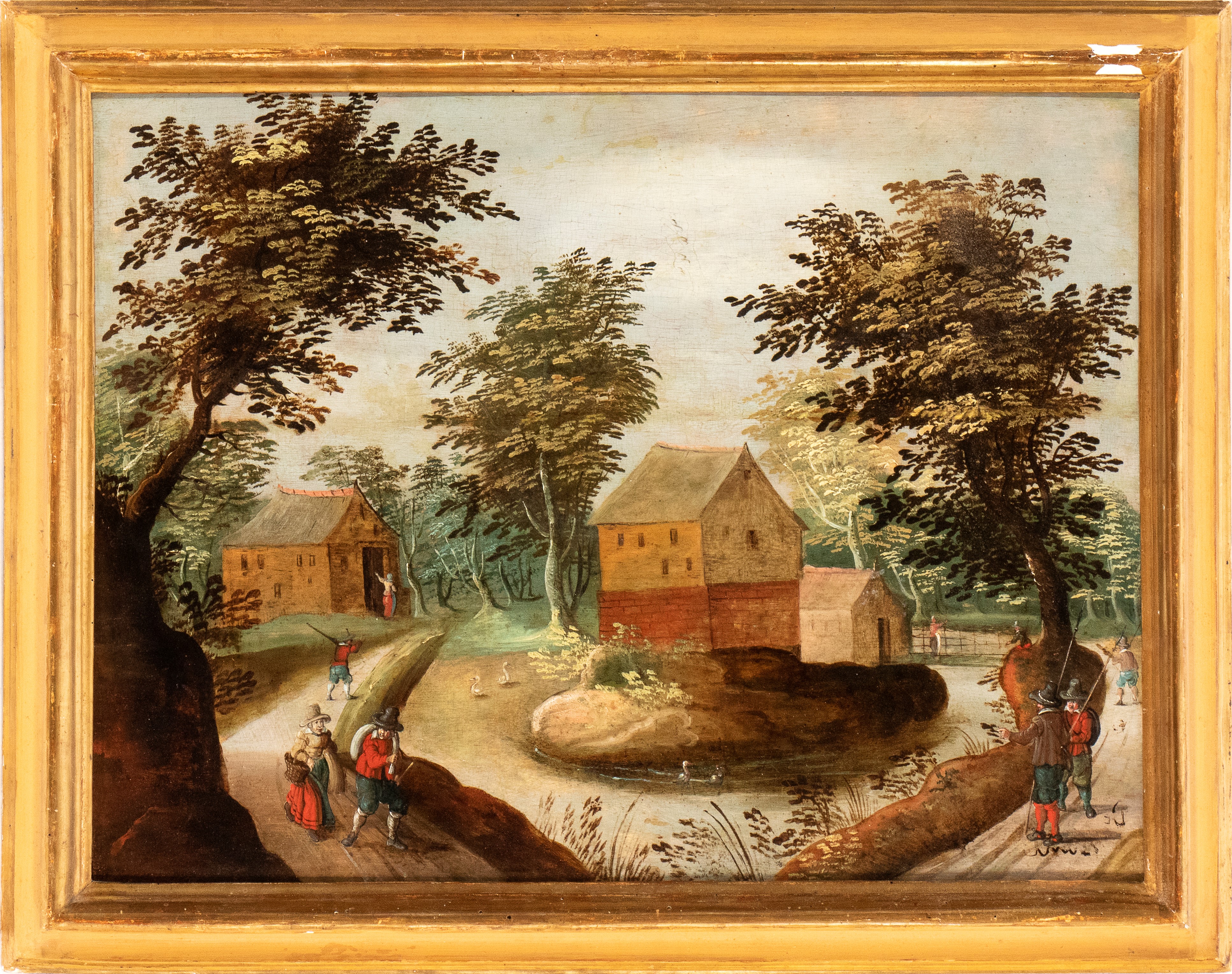 Artista Fiammingo, XVII Secolo - Paesaggio con Specchio D'acqua, Caseggiato e Viandanti