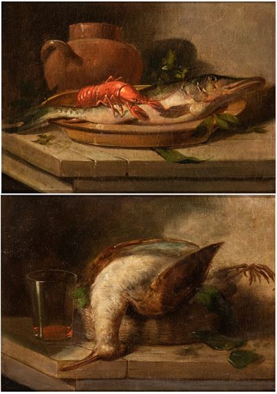 A) Natura Morta con Pescato e Vasellame; B) Natura Morta con Cacciagione e Bicchiere di Vetro. Co...