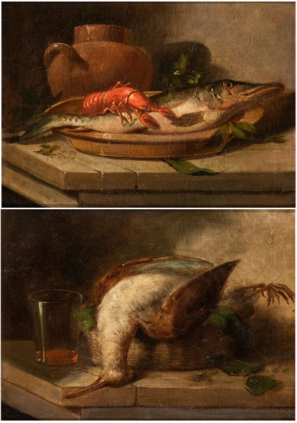 Nicola Levoli - a) Still life with fish and pottery; b) Still life with game and glass. Pair of paintings