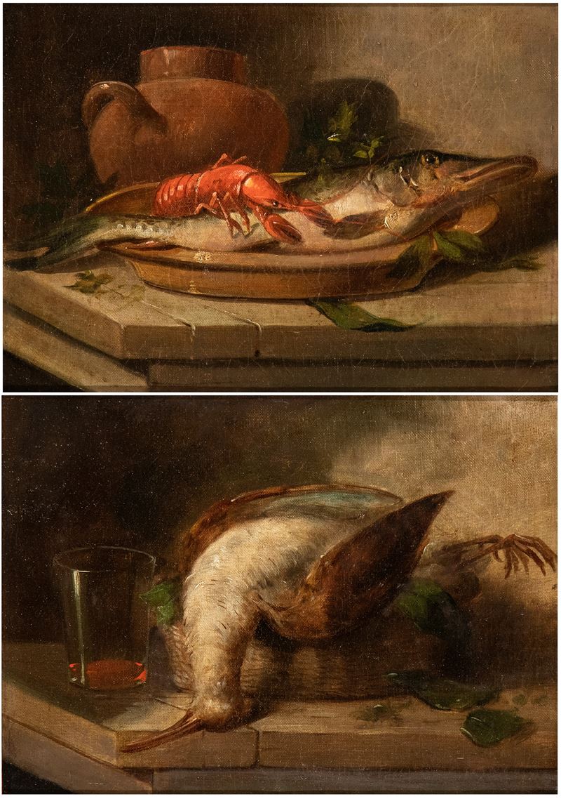 Nicola Levoli - A) Natura Morta con Pescato e Vasellame; B) Natura Morta con Cacciagione e Bicchi...