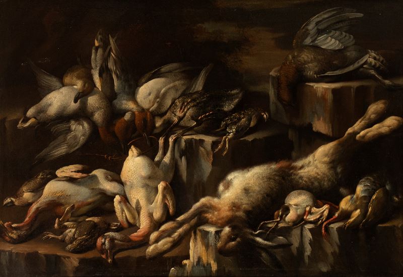 Felice Boselli - Natura Morta con Leprotto e Caggiagione in un Paesaggio