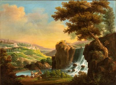 Paesaggio con Cascata, Pastori con Armenti e Borgo sullo Sfondo