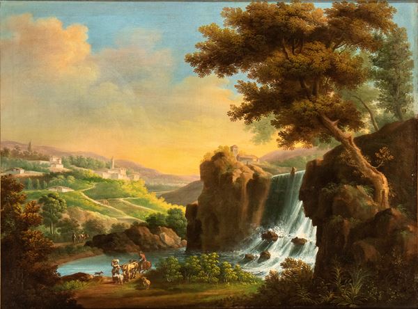 Artista attivo in Italia, XVIII secolo - Landscape with waterfall, shepherds with herds and village in the background