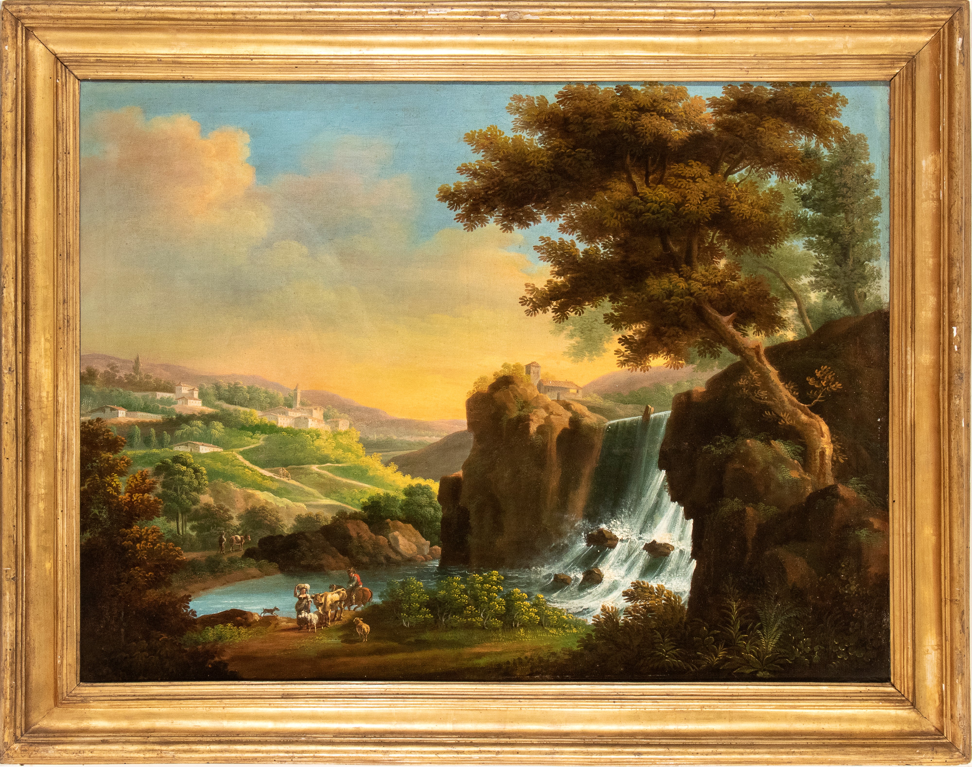 Artista Attivo in Italia, XVIII Secolo - Paesaggio con Cascata, Pastori con Armenti e Borgo sullo...