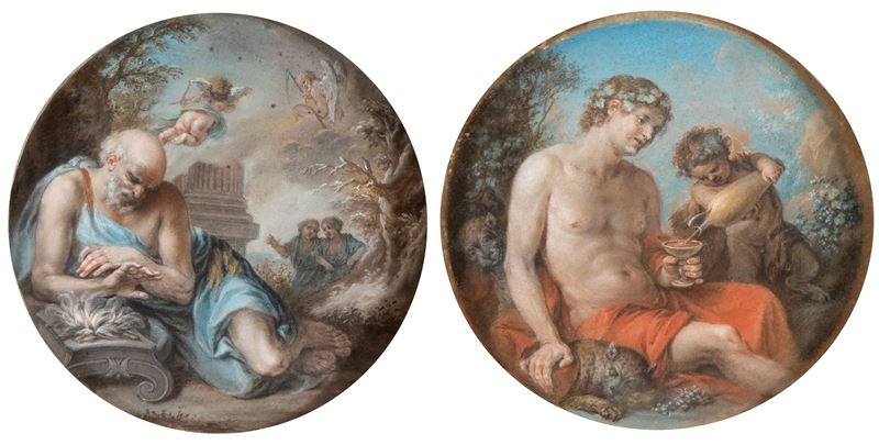 Guillaume Courtois il Borgognone - A) Inverno (la Virtù Romana); B) Estate (bacco). Coppia di Dip...