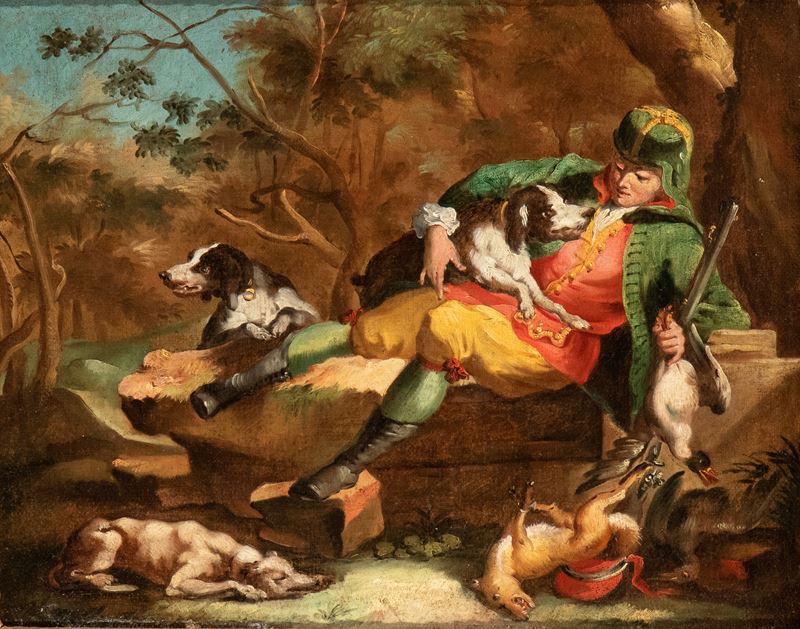 Artista Austriaco, XVIII Secolo - Cacciatore con Cani e Selvaggina