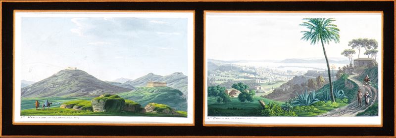 Francesco Zerilli - A) Veduta della Valle di Segesta; B) Veduta del Porto di Messina. Coppia di D...