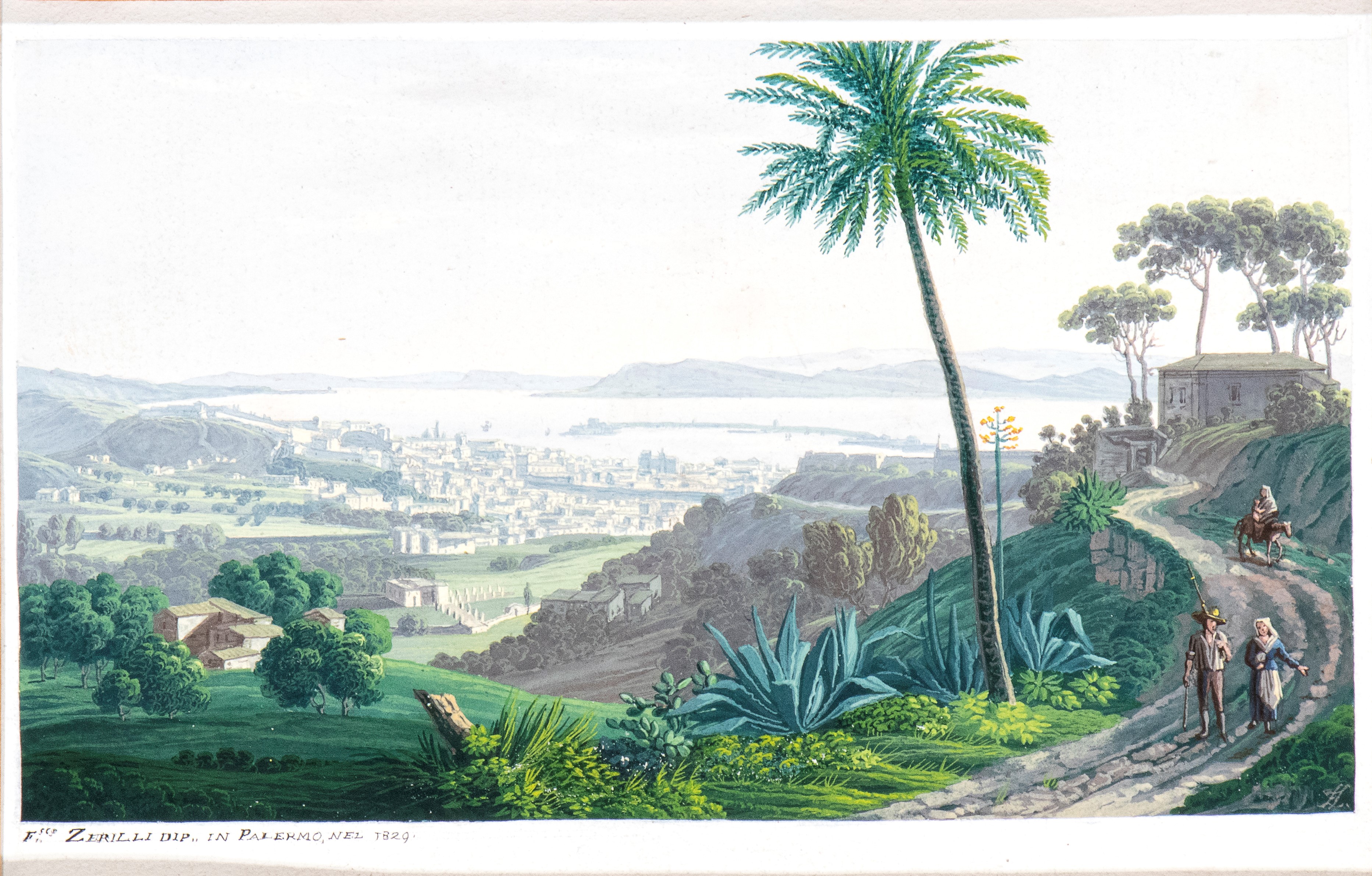 Francesco Zerilli - A) Veduta della Valle di Segesta; B) Veduta del Porto di Messina. Coppia di D...