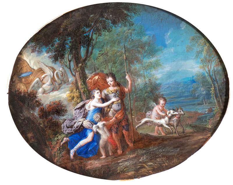 Artista Bolognese, Prima Metà XVIII Secolo - Incontro tra Marte e Venere in un Paesaggio