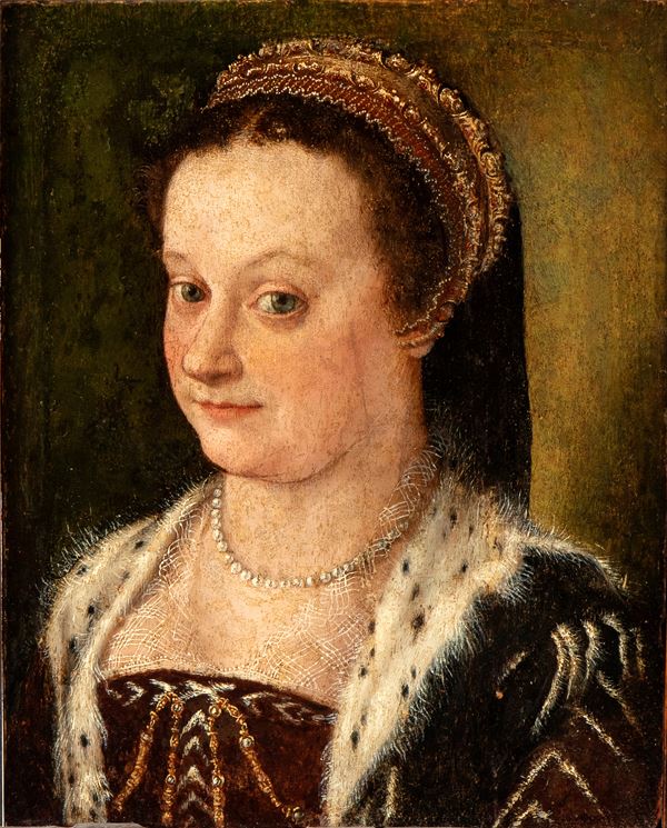 Artista lombardo, seconda met&#224; XVI secolo - Portrait of a lady with pearl necklace and fur collar