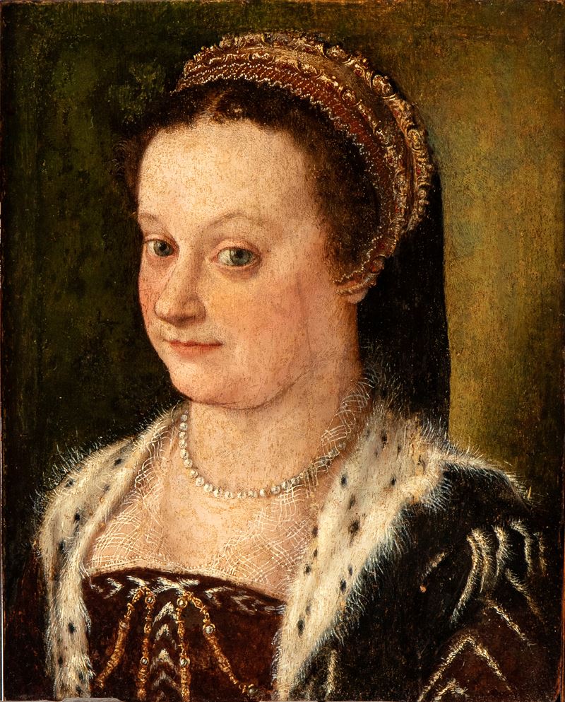 Artista Lombardo, Seconda Metà XVI Secolo - Ritratto di Dama con Collana di Perle e Collo di Pell...