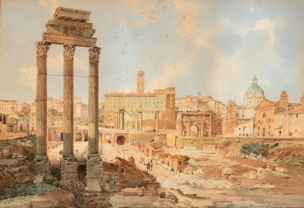 Giuseppe Costantini - View of the Roman forum with the temple of Castor and Pollux