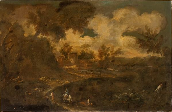 Antonio Francesco Peruzzini - Landscape with watercourse, bridge, monk and wayfarers