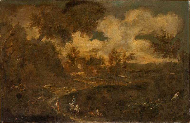 Antonio Francesco Peruzzini - Paesaggio con Corso D'acqua, Ponte, Monaco e Viandanti